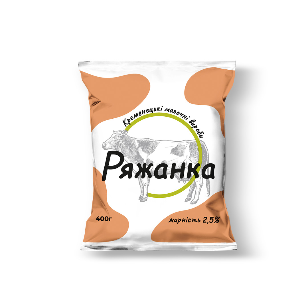 Ряжанка КРЕМЕНЕЦЬКІ МОЛОЧНІ ВИРОБИ 2,5%, 400г, плівка поліетиленова